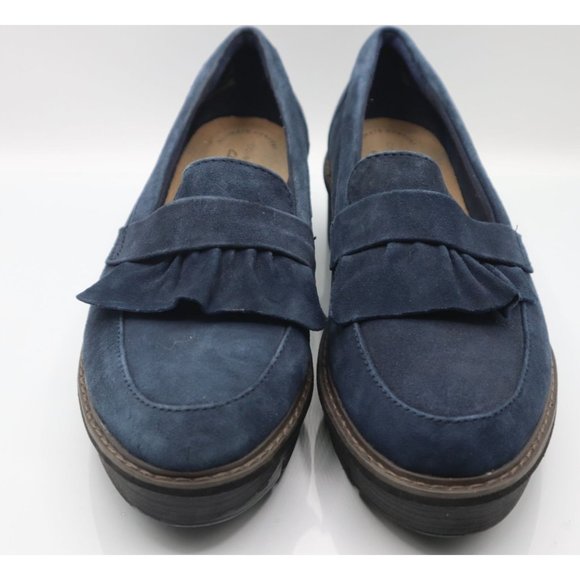 Clarks Womens Navy Blue Suede Loafers With Ruffle Accent & Chunky Heel - Picture 1 of 10